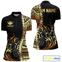 Load image into Gallery viewer, Custom Black And Gold Flame tribal pattern Bowling Team Polo, 1/4 Zip Shirt For Women, Bowling Jersey NQS10093
