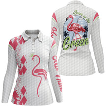 Load image into Gallery viewer, Queen of the green white Womens golf polo shirts custom name pink flamingo ladies golf polos NQS5906