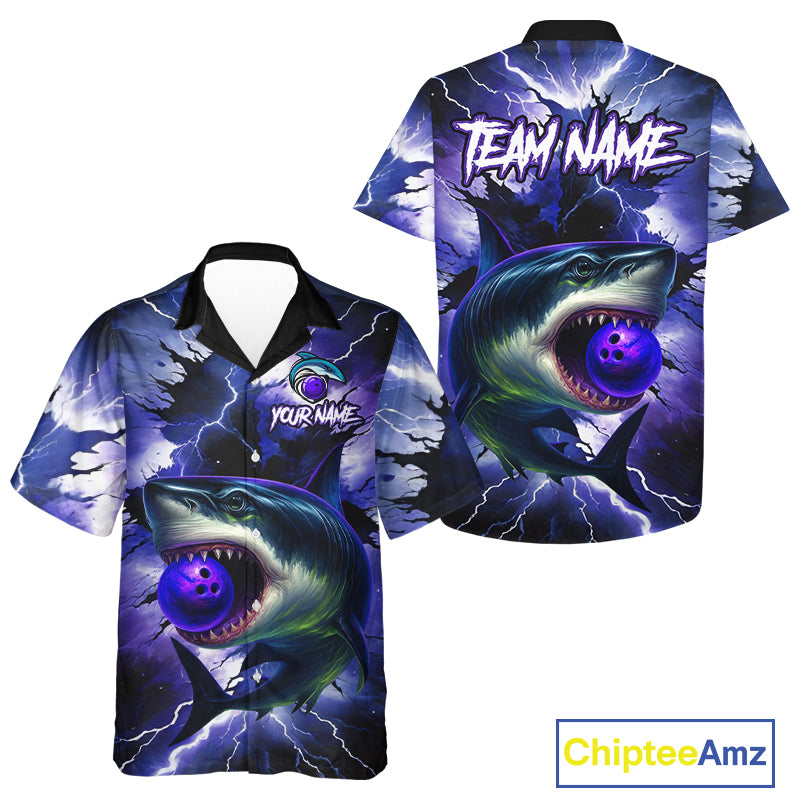 Purple Lightning thunder Shark Bowling Hawaiian Shirt Custom Team Shark Bowling League shirt NQS10418