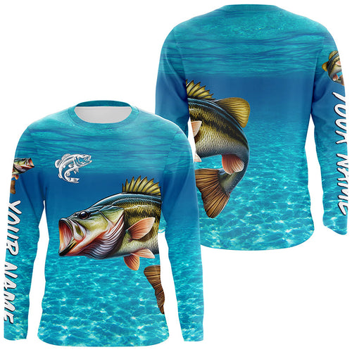 Largemouth Bass fishing blue water camo Custom sun protection long sleeve fishing shirt for men, women NQS8437