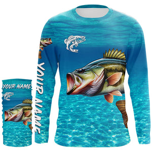 Largemouth Bass fishing blue water camo Custom sun protection long sleeve fishing shirt for men, women NQS8437