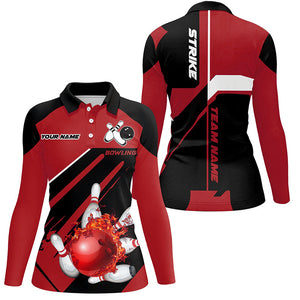 Black and red Bowling polo, quarter zip shirt for Women Custom Flame bowling ball pins uniform shirt NQS8671