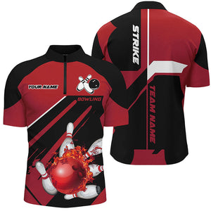 Black and red Bowling polo, quarter zip shirt for men Custom Flame bowling ball and pins uniform shirt NQS8671