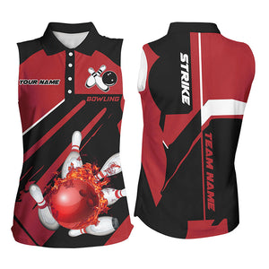 Black and red Bowling Sleeveless Polo shirt for Women Custom Flame bowling ball pins uniform shirt NQS8671