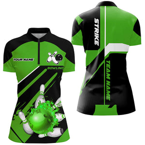 Black and Green Bowling polo, quarter zip shirt for Women Custom Flame bowling ball pins uniform shirt NQS8673