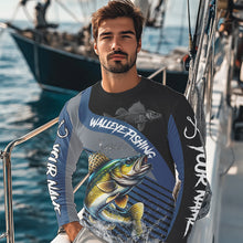 Load image into Gallery viewer, Walleye fishing Custom UV protection fishing long sleeve shirt, Walleye Fishing jerseys | Blue NQS9352