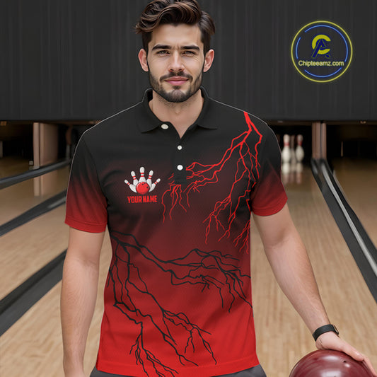 Black and Red gradient Lightning thunder storm Bowling shirts for Men Custom Bowling Team Jerseys NQS9353