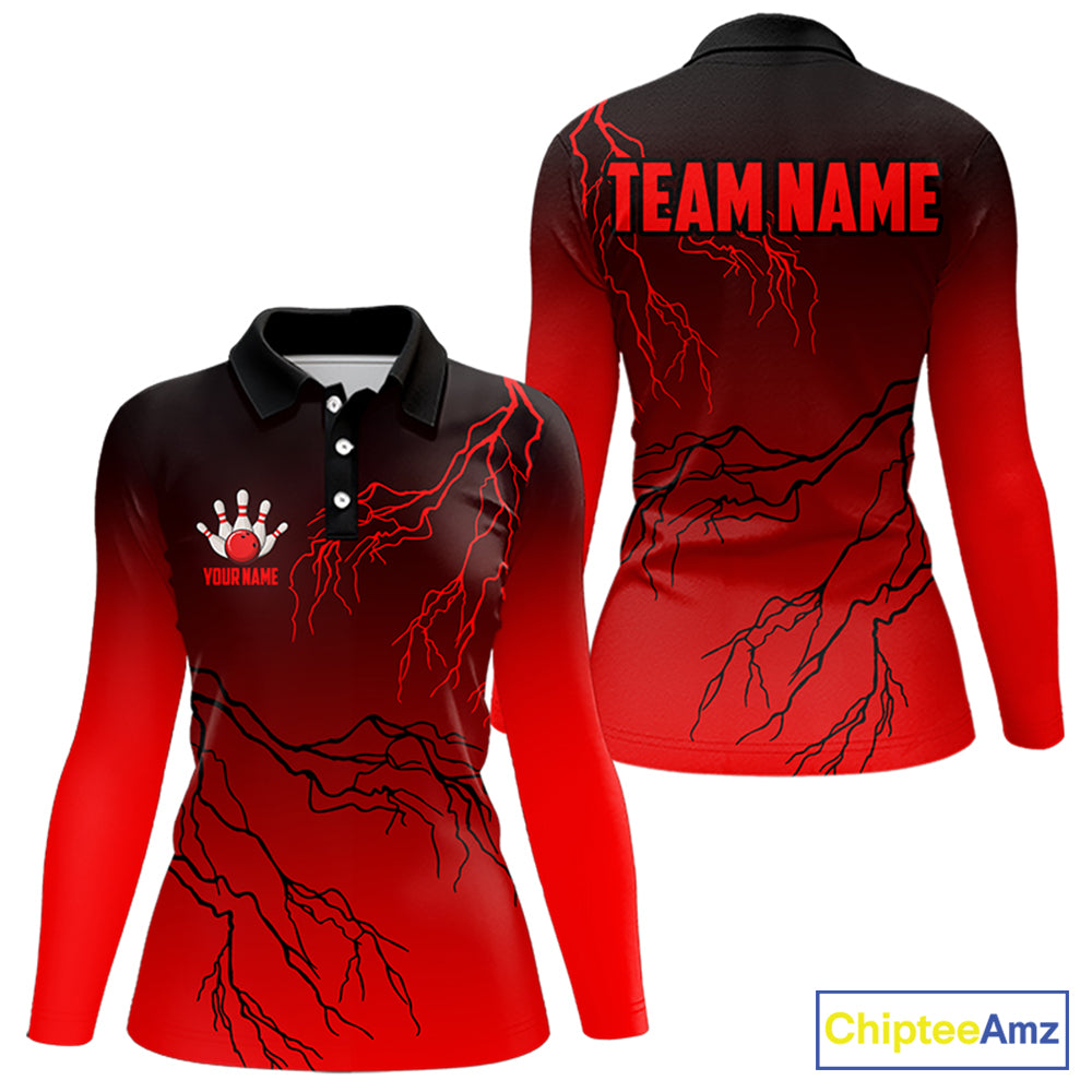 Black and Red gradient Lightning thunder storm Bowling shirts for Women Custom Bowling Team Jerseys NQS9353