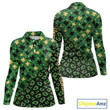 Load image into Gallery viewer, Green and Gold Clover glitter leopard St Patrick's day pattern custom shamrock Women golf polo shirts NQS11423