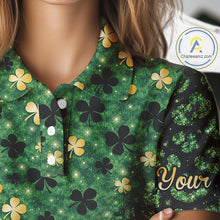 Load image into Gallery viewer, Green and Gold Clover glitter leopard St Patrick's day pattern custom shamrock Women golf polo shirts NQS11423