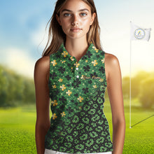 Load image into Gallery viewer, Green and Gold Clover glitter leopard St Patrick's day pattern custom ladies sleeveless golf tops NQS11423