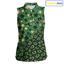 Load image into Gallery viewer, Green and Gold Clover glitter leopard St Patrick's day pattern custom ladies sleeveless golf tops NQS11423
