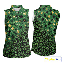 Load image into Gallery viewer, Green and Gold Clover glitter leopard St Patrick's day pattern custom ladies sleeveless golf tops NQS11423