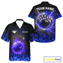 Load image into Gallery viewer, Black and Blue Flame Lightning Thunder Button-up bowling shirts custom Bowling Team League Shirts NQS11425