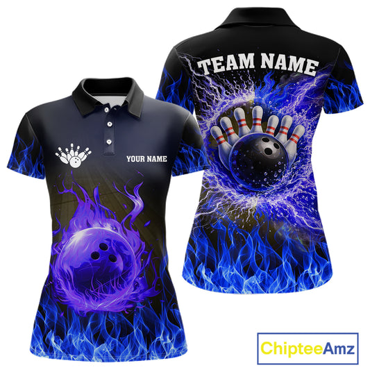 Black and Blue Flame Lightning Thunder Bowling Jersey for Women custom Bowling Team League Shirts NQS11425