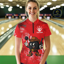 Load image into Gallery viewer, Custom Funny Cowboy Gunster Bowling Polo, 1/4 zip Shirts For Women, Bowling Team League Jerseys | Red NQS11625