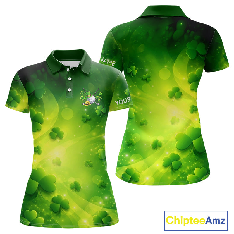 Green clover pattern St Patrick's Day Womens Golf Polo Shirts Custom Shamrock Golf outfit For Ladies NQS11628