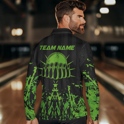 Black and Green Camo Bowling Team Shirts For Men Custom Bowling Uniform Polo, Quarter Zip Shirts NQS9665