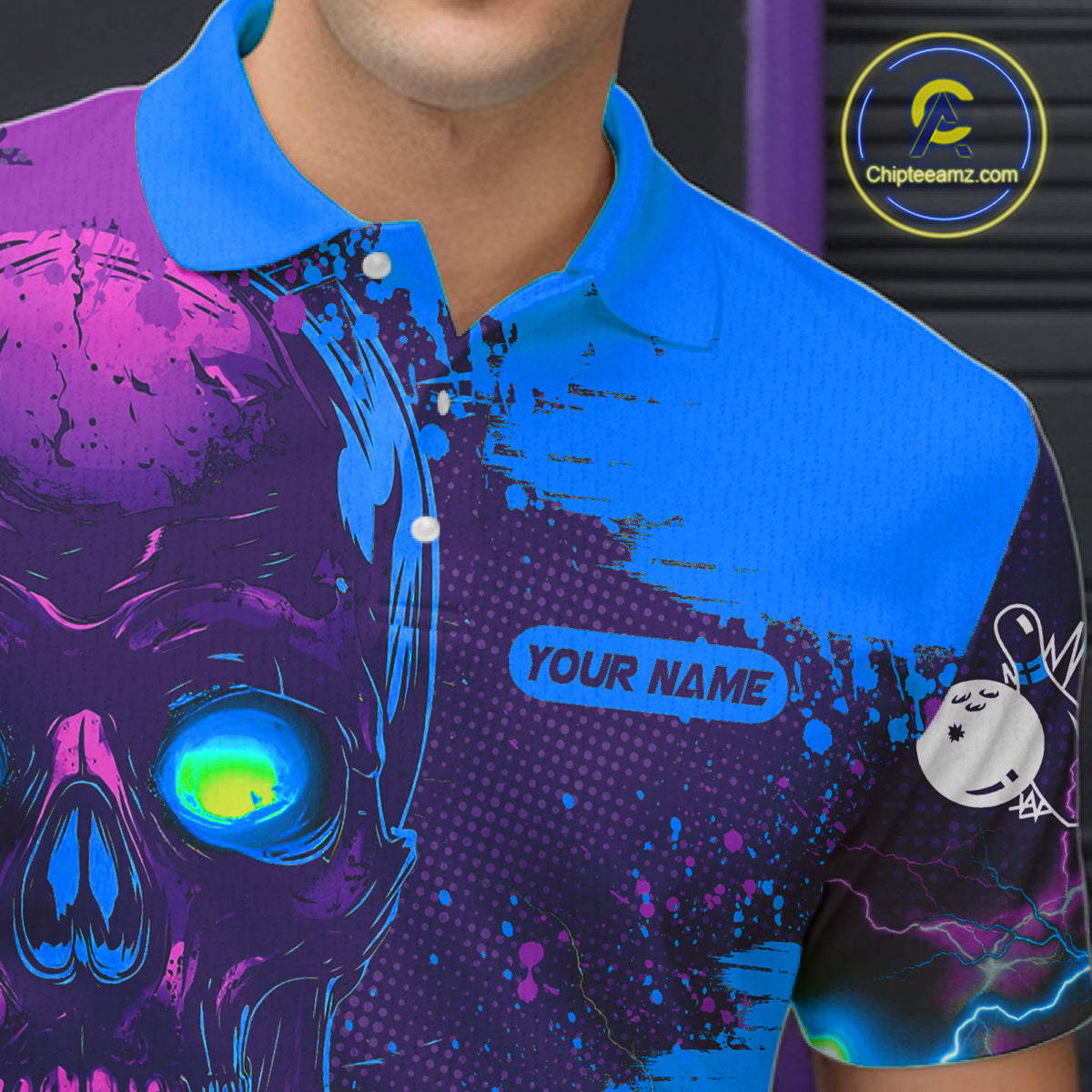 Purple and Blue Lightning Thunder Storm Skull Bowling Shirts For Men Custom Bowling Team Jerseys NQS11729