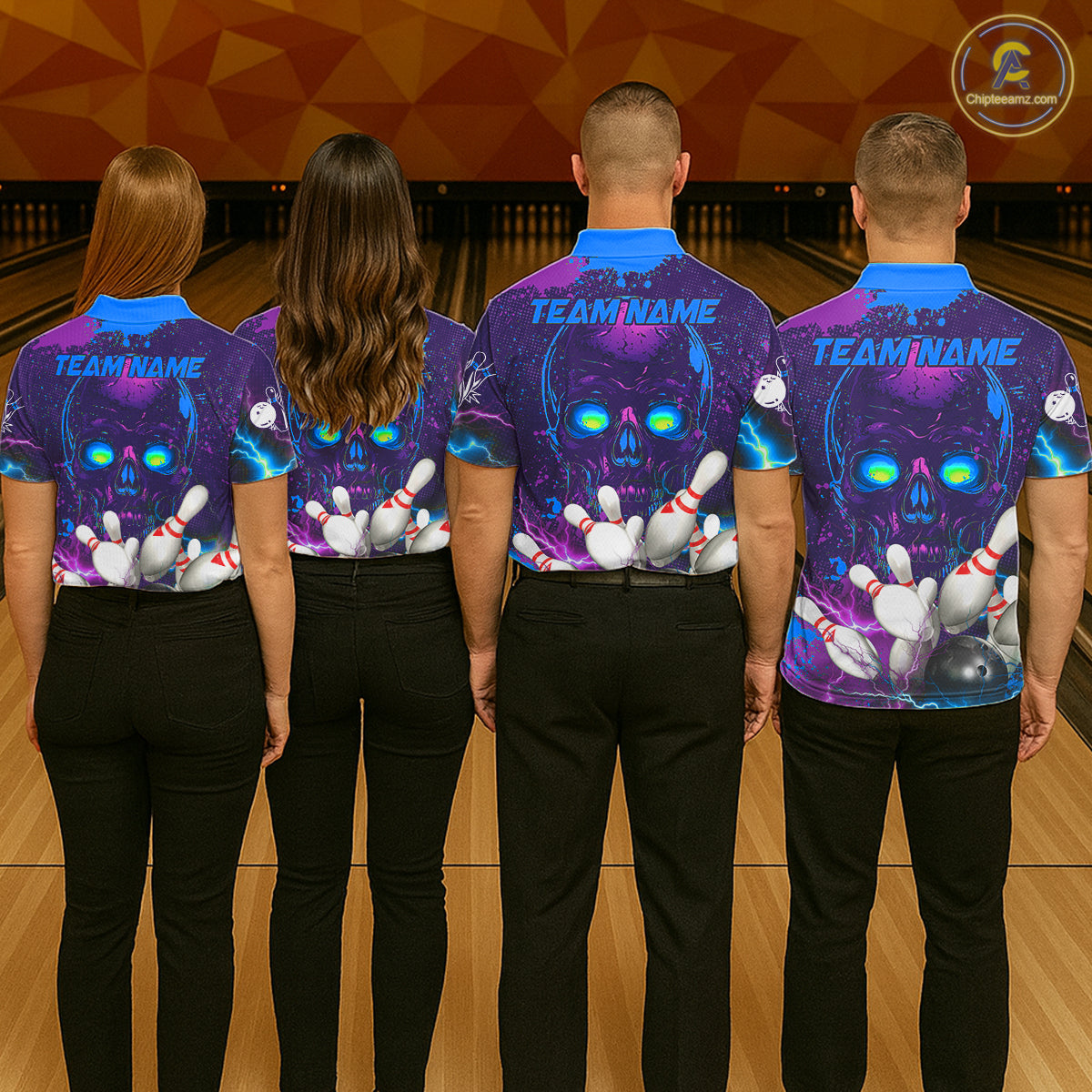 Purple and Blue Lightning Thunder Storm Skull Bowling Shirts For Women Custom Bowling Team Jerseys NQS11729