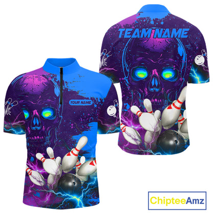 Purple and Blue Lightning Thunder Storm Skull Bowling Shirts For Men Custom Bowling Team Jerseys NQS11729