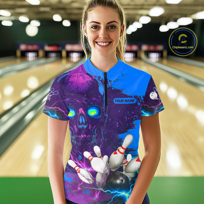 Purple and Blue Lightning Thunder Storm Skull Bowling Shirts For Women Custom Bowling Team Jerseys NQS11729