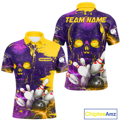 Purple and Yellow Lightning Thunder Storm Skull Bowling Shirts For Men Custom Bowling Team Jerseys NQS11730