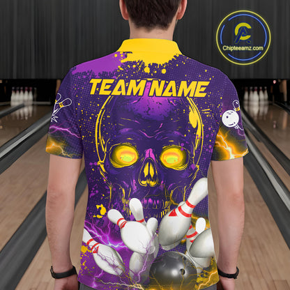 Purple and Yellow Lightning Thunder Storm Skull Bowling Shirts For Men Custom Bowling Team Jerseys NQS11730