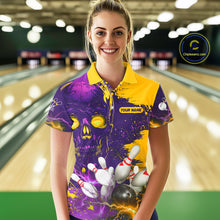 Load image into Gallery viewer, Purple and Yellow Lightning Thunder Storm Skull Bowling Shirts For Women Custom Bowling Team Jerseys NQS11730