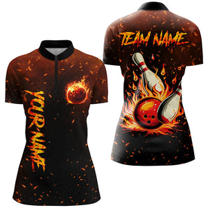 Flame Bowling Jerseys For Women Custom Bowling Polo, Quarter-Zip Shirt for Team, Gift for Bowlers NQS7601