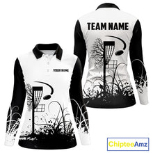 Load image into Gallery viewer, Black and White Disc Golf basket Disc golf polo shirts for women Custom team disc golf outfit NQS9946