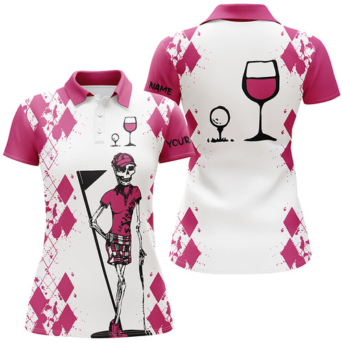 White Pink womens golf shirt skull Golf & wine custom name womens golf polo shirt NQS3451