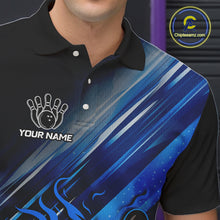 Load image into Gallery viewer, Black and Blue Flame Bowling Polo, Quarter Zip Shirt For Men Custom Team Mens Bowling Jerseys NQS10099