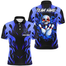 Load image into Gallery viewer, Black and Blue Flame Skull customize bowling shirts for men Team bowling jerseys gift for bowlers NQS8219