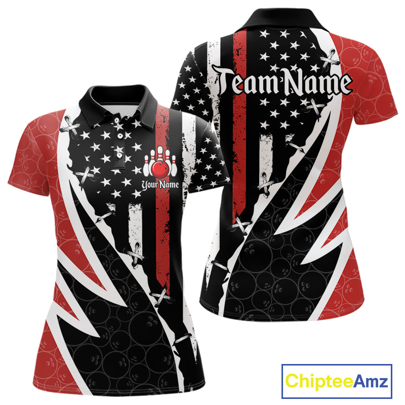 Red, White and Black American Flag Bowling Shirts for Women Custom Patriotic Team Bowling Jersey NQS10429