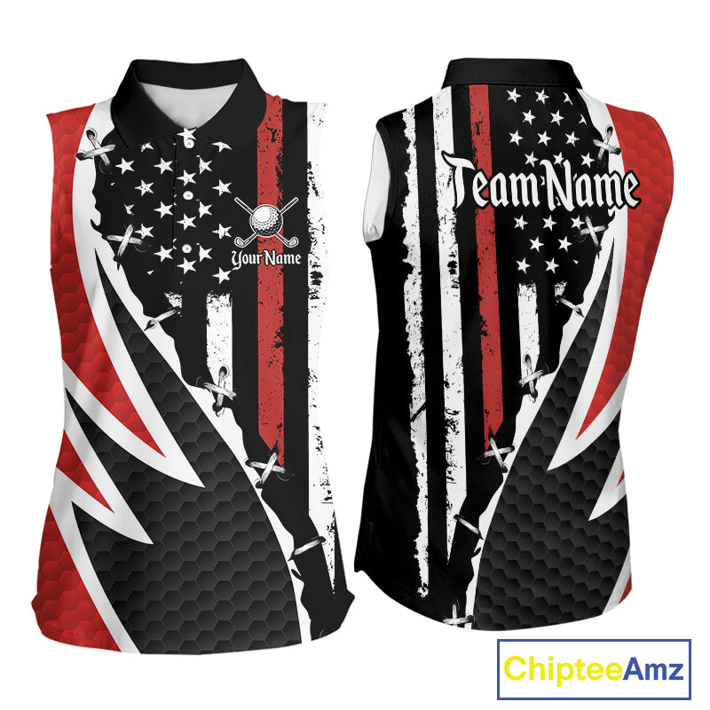 Red, White and Black American Flag Sleeveless polo shirt Custom Patriotic Team Golf attire for ladies NQS10430
