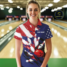 Load image into Gallery viewer, Red, White and Blue American flag Bowling Shirts for Women Custom Patriotic Bowling Team Outfit NQS10431