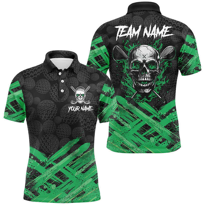 Black Camo Mens golf polo shirts custom Green Flame Skull golf attire for men, gifts for the golfer NQS8456