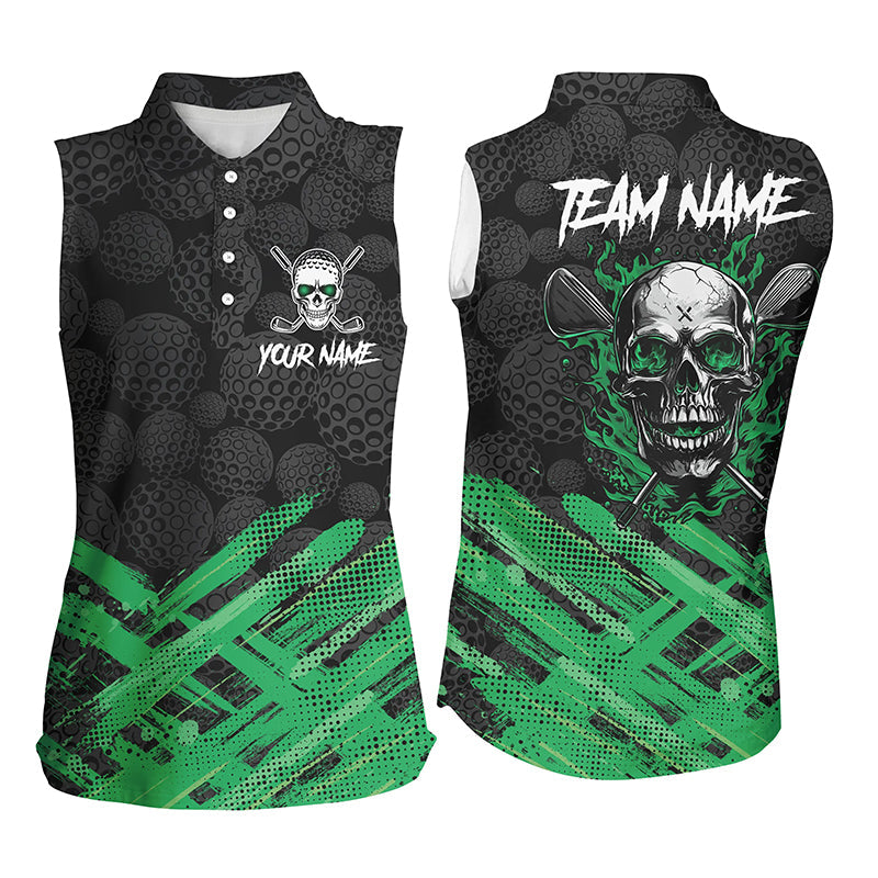 Black Camo Women sleeveless polo shirt custom Green Flame Skull golf attire gifts for the golfer NQS8456