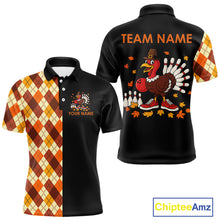 Load image into Gallery viewer, Funny Bowling Turkey Thanksgiving Mens Bowling Shirt Orange argyle pattern Custom Team Bowling Jersey NQS10848
