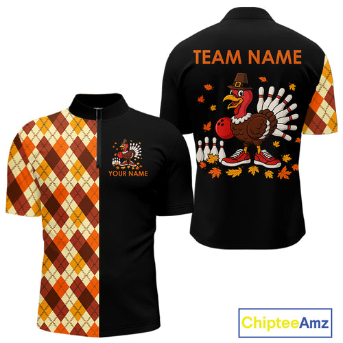 Funny Bowling Turkey Thanksgiving Mens Bowling Shirt Orange argyle pattern Custom Team Bowling Jersey NQS10848