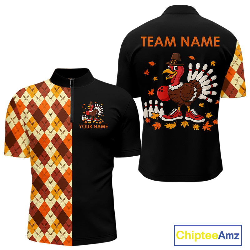 Funny Bowling Turkey Thanksgiving Mens Bowling Shirt Orange argyle pattern Custom Team Bowling Jersey NQS10848
