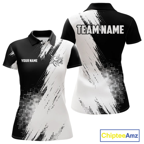 Custom Black and White Strike Bowling Shirts Women Polo, 1/4 Zip Bowling Team Jerseys Bowling League NQS11038