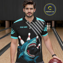 Load image into Gallery viewer, Funny Cyan Blue Shark Men Bowling Polo, Quarter Zip Shirts Custom Team Shark Bowling Outfit Jersey NQS11042