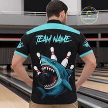 Load image into Gallery viewer, Funny Cyan Blue Shark Men Bowling Polo, Quarter Zip Shirts Custom Team Shark Bowling Outfit Jersey NQS11042