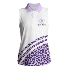 Load image into Gallery viewer, Purple leopard white Women sleeveless polo shirt custom name golf tops for ladies, unique golf gifts NQS9362