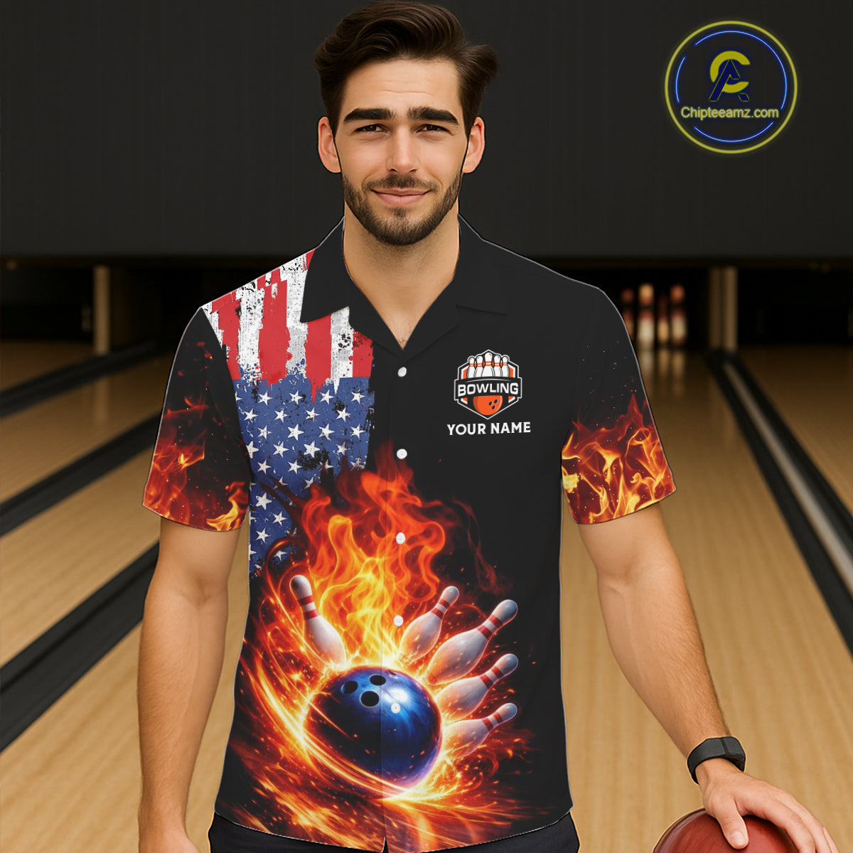 American Flag Flame bowling Hawaiian shirts Custom patriotic team bowling button-up shirts NQS11432