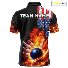 Load image into Gallery viewer, American Flag Flame bowling polo, quarter zip shirts for Men Custom patriotic team bowling jerseys NQS11432