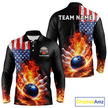 Load image into Gallery viewer, American Flag Flame bowling polo, quarter zip shirts for Men Custom patriotic team bowling jerseys NQS11432