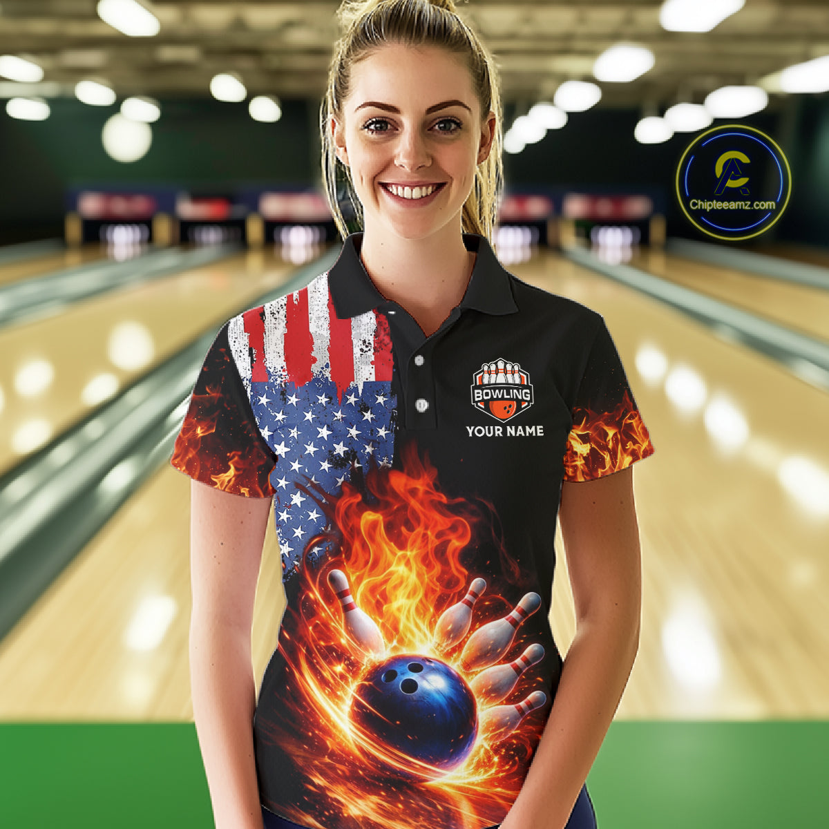 American Flag Flame bowling polo, quarter zip shirts for Women Custom patriotic team bowling jerseys NQS11432